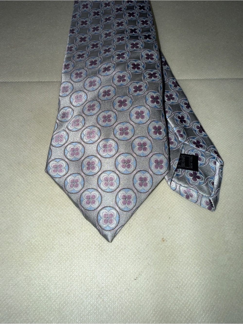 Ike Behar Silver Tie with Pink and Blue Floral Medallions